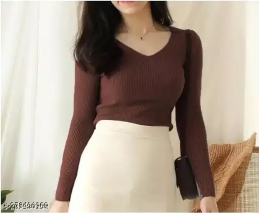 Latest look V neck full sleeve top regular for women and girls Brown colour size M